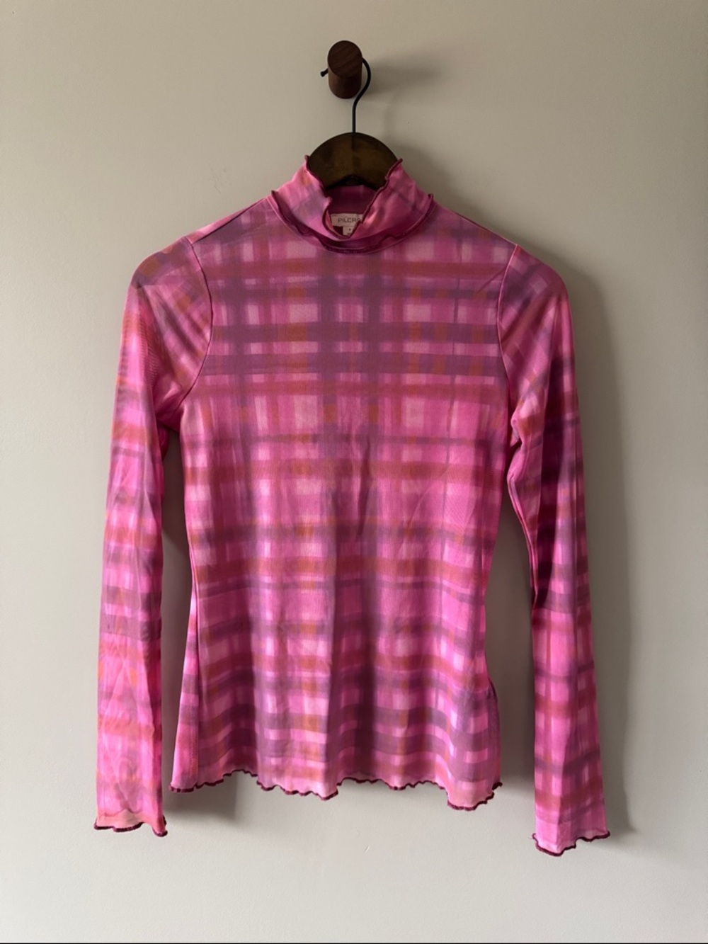PILCRO SHEER LONG SLEEVE MOCK NECK PINK PLAID SIZE SMALL